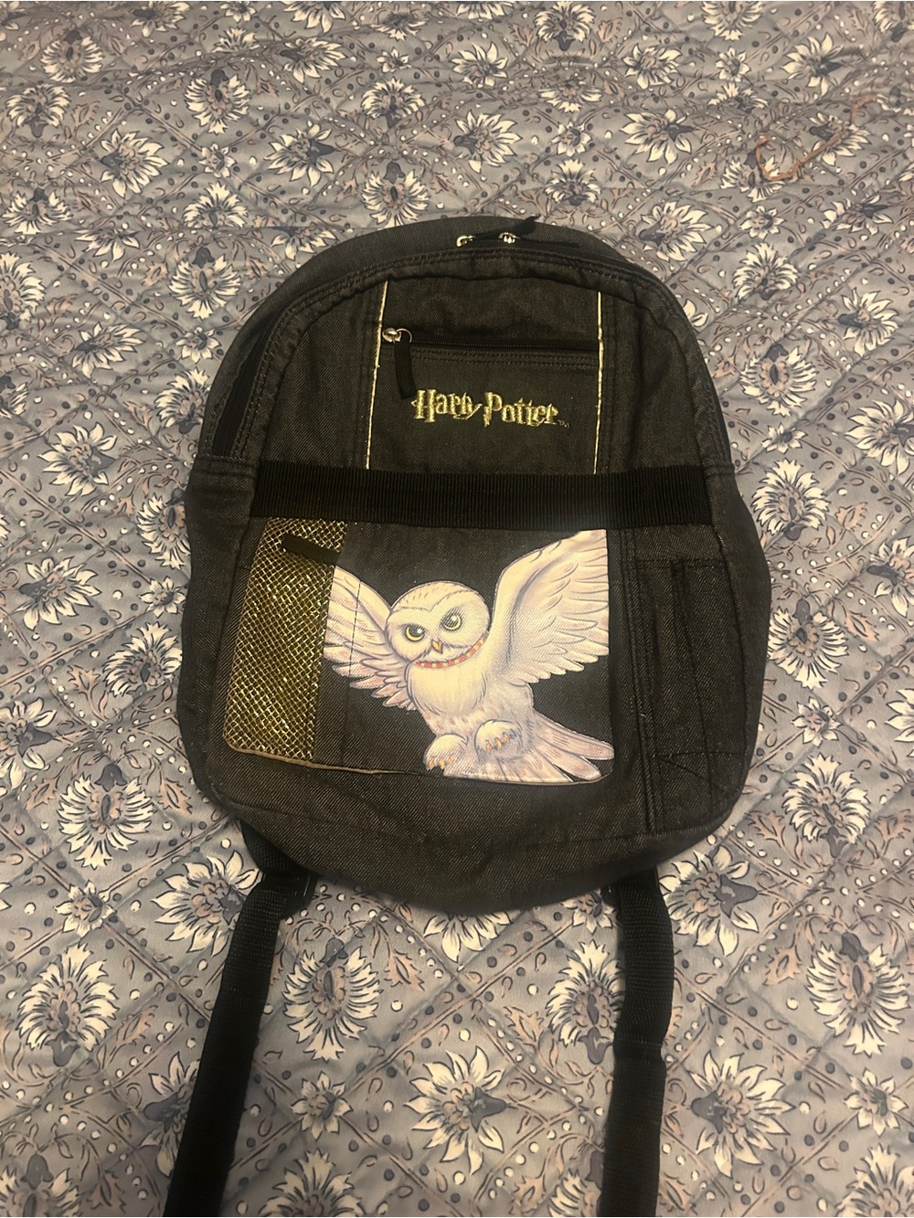 Harry Potter Black Backpack with White Owl Graphic and Gold Accents